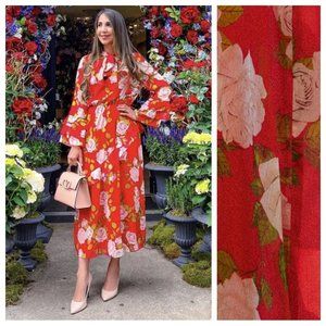 Zara Red Floral Midi Dress Ruffles Tie Front Bold Artsy Long Sleeve Size XL